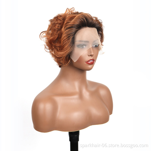 Wholesale pixie Cut Human Hair Deep Partline Lace Frontal Wig 1B30 Short 6 Inch Curly Bob Pre-Plucked Brazilian Remy Virgin Hair